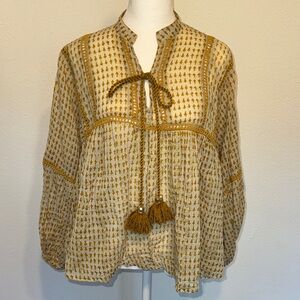 Baron Gold Cream Bohemian Women's Blouse Balloon Sleeves Tassels S/M